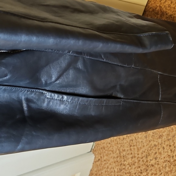 Vintage Reed Elegant Black Leather Coat Trench S Long Buttons - Picture 6 of 12